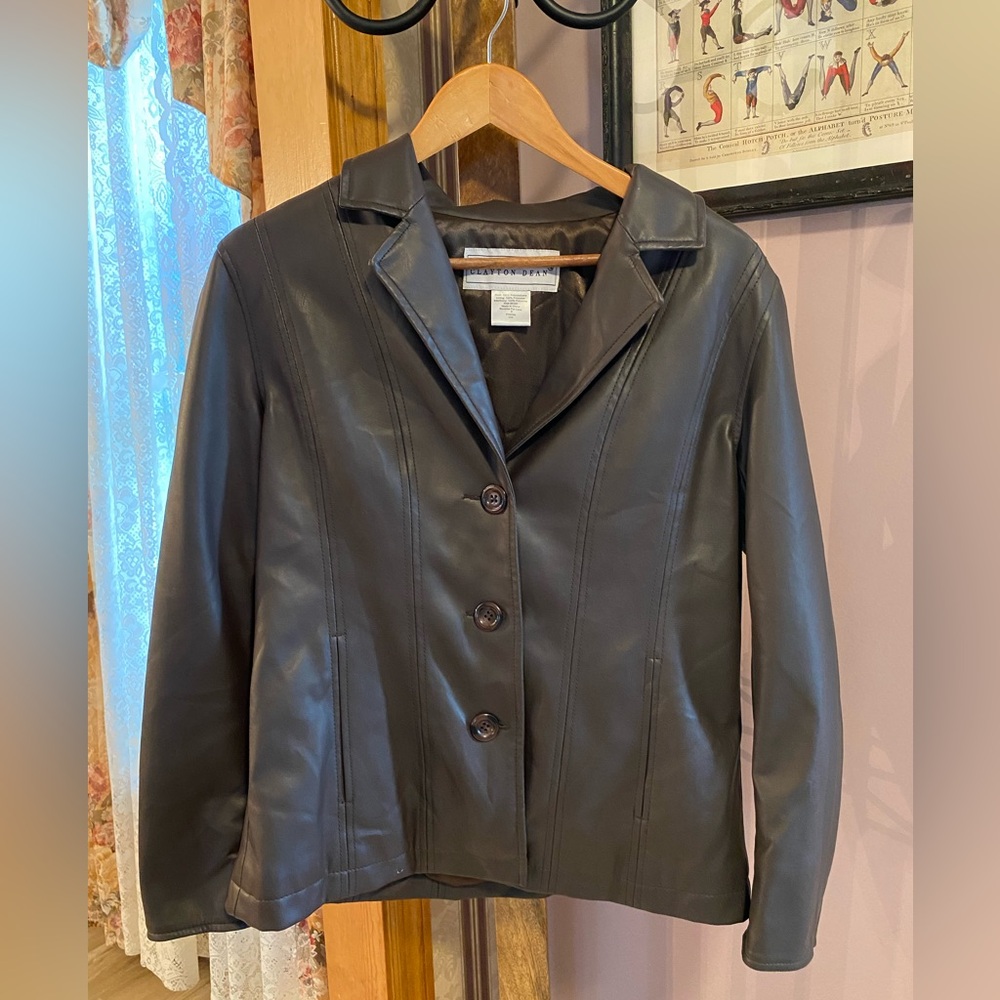 Clayton Dean vegan leather jacket, brown, size 8, NWOT, Silky lining 19.5”p to p